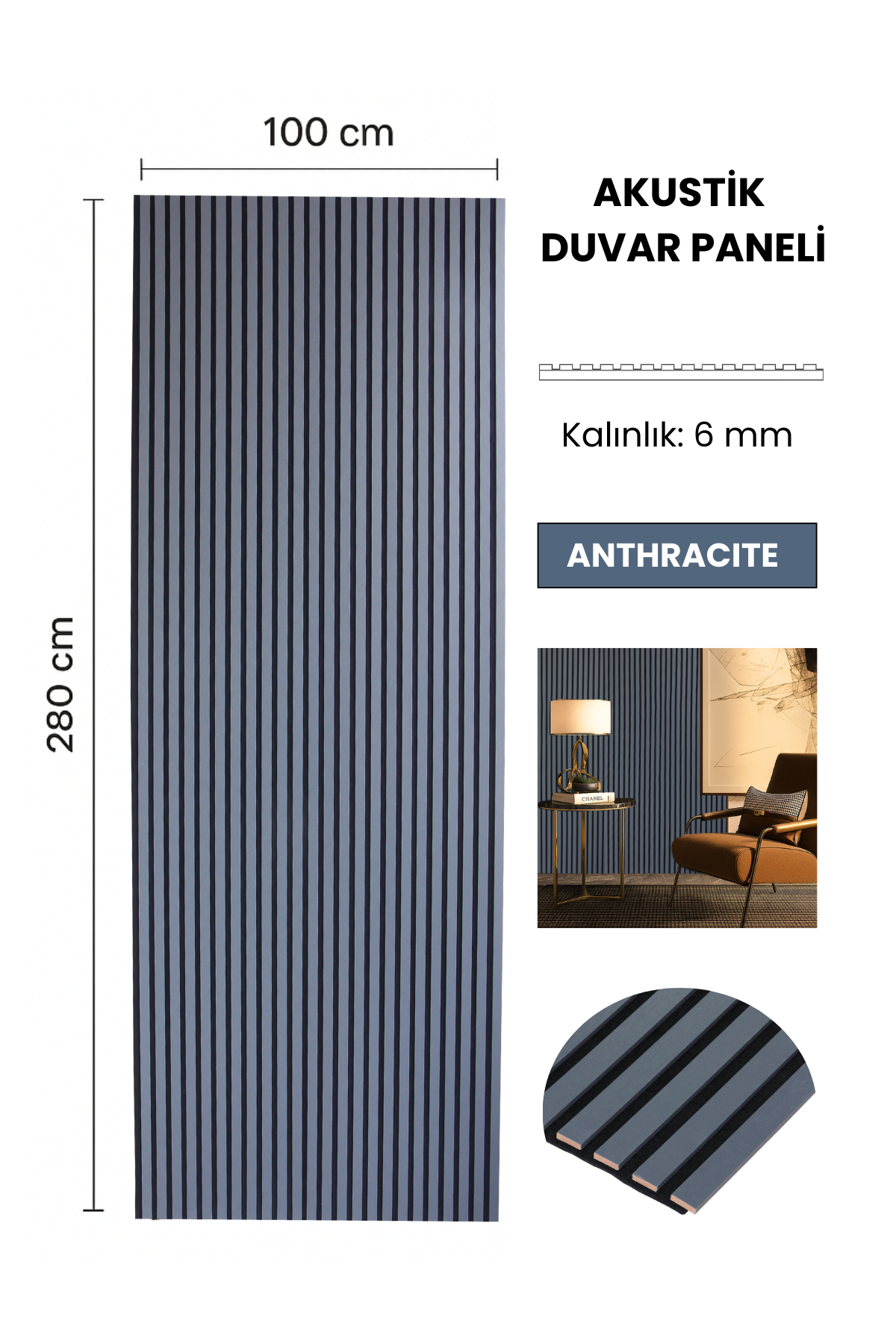 ANTRASİT Akustik Panel 100 x 280 CM