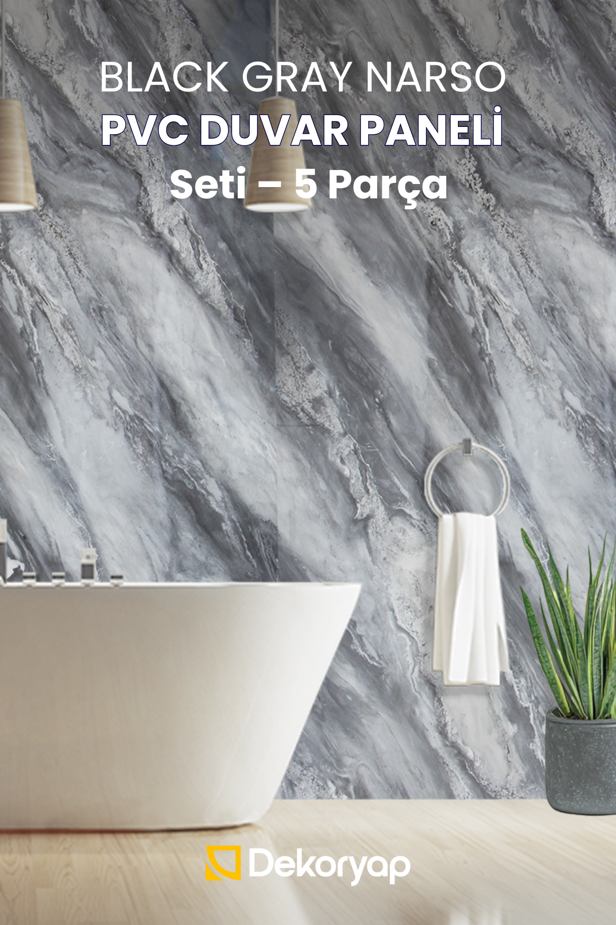 BLACK GRAY NARSO Mermer Desenli  PVC Duvar Paneli Seti – 5 Parça