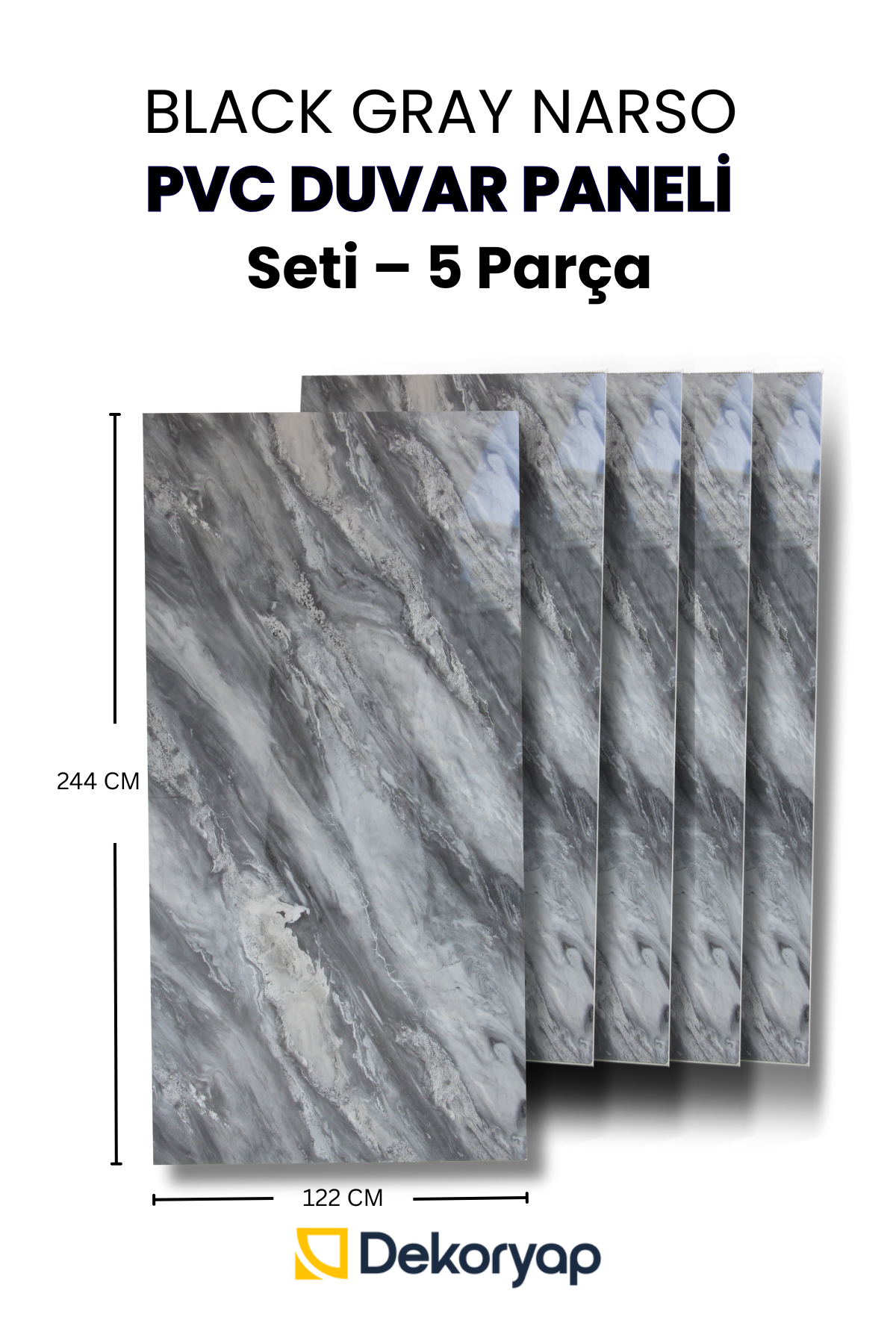 BLACK GRAY NARSO Mermer Desenli  PVC Duvar Paneli Seti – 5 Parça