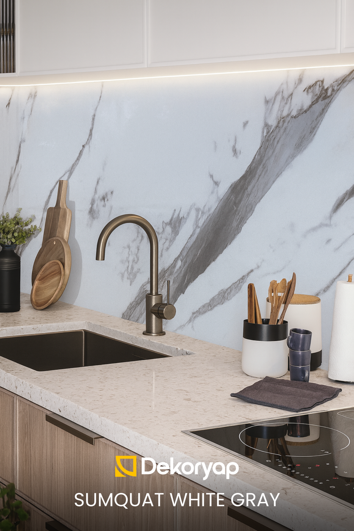 2'li Beyaz-Gri Mutfak Duvar Kaplama Pvc Panel 61X244 cm