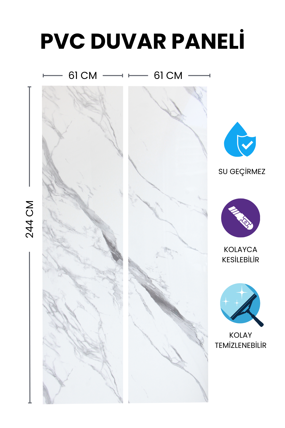 2'li Beyaz-Gri Mutfak Duvar Kaplama Pvc Panel 61X244 cm