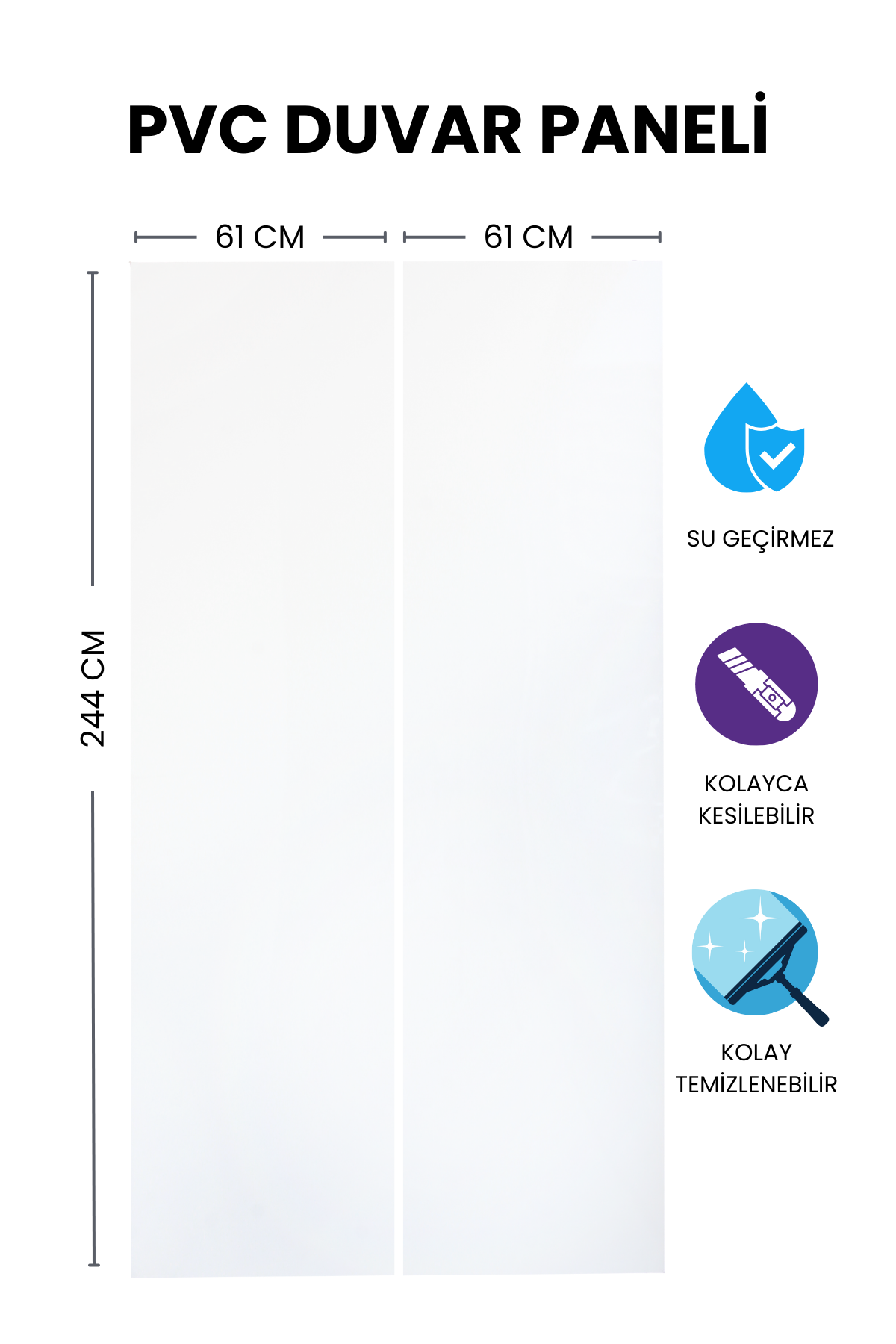 2'li Düz Beyaz Mutfak Duvar Kaplama Pvc Panel 61X244 cm
