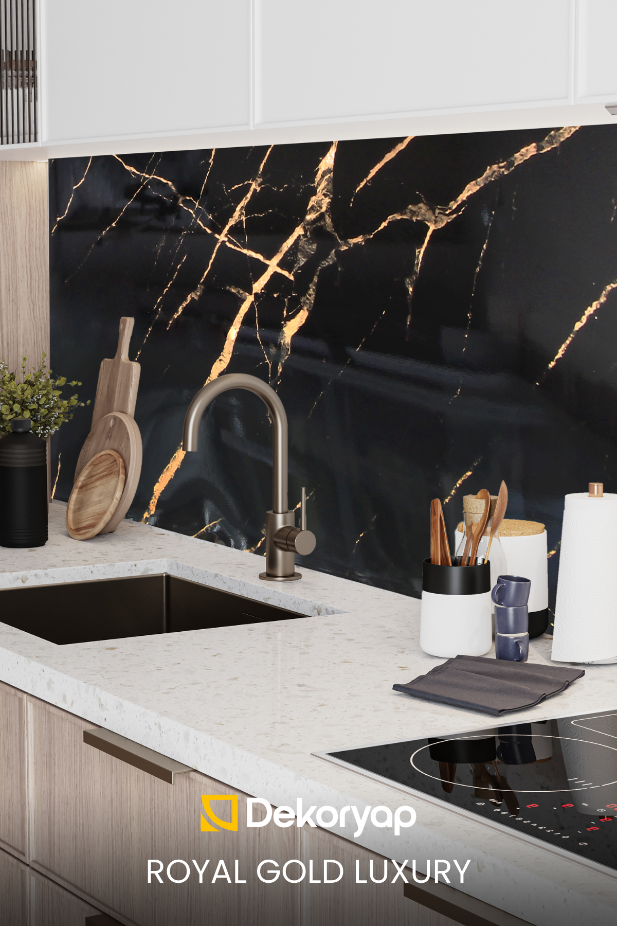 2'li Siyah Mermer Desenli Mutfak Duvar Kaplama Pvc Panel 61X244 cm