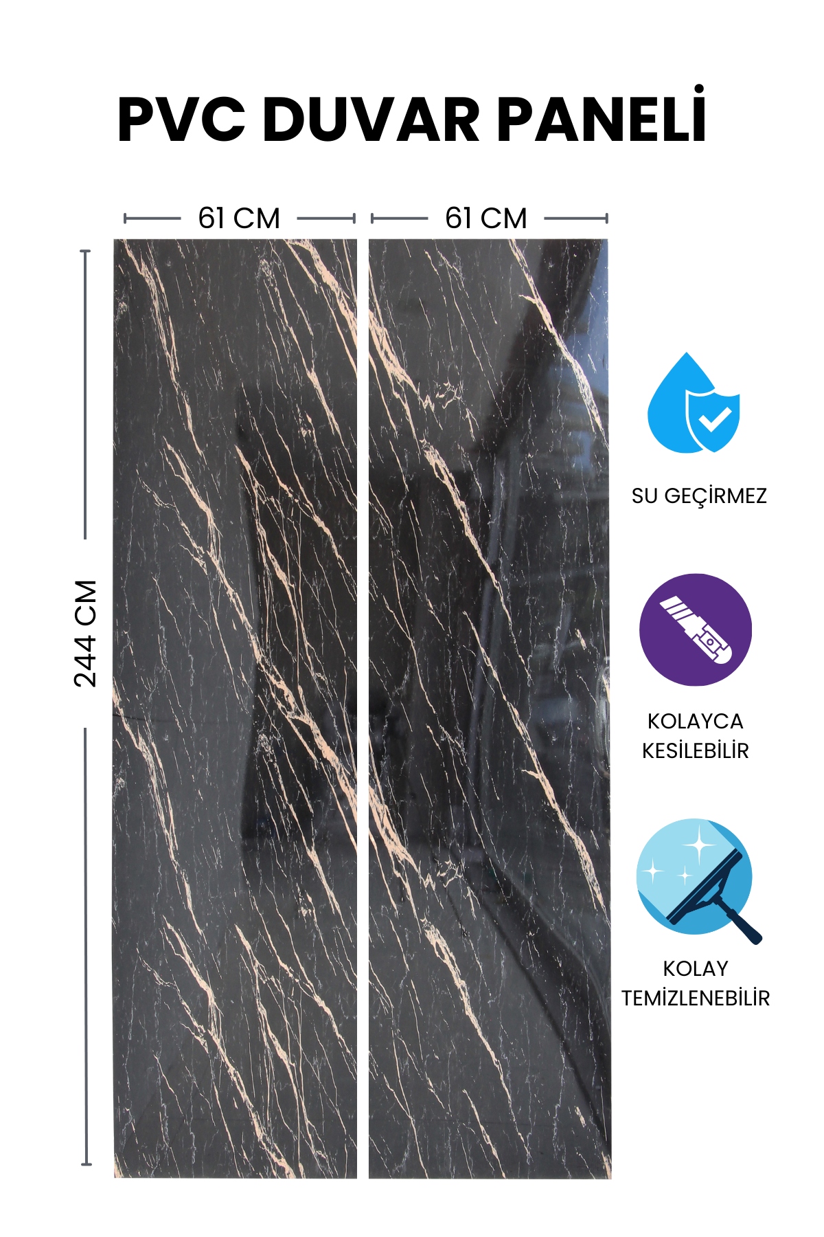 2'li Siyah Mermer Desenli Mutfak Duvar Kaplama Pvc Panel 61X244 cm