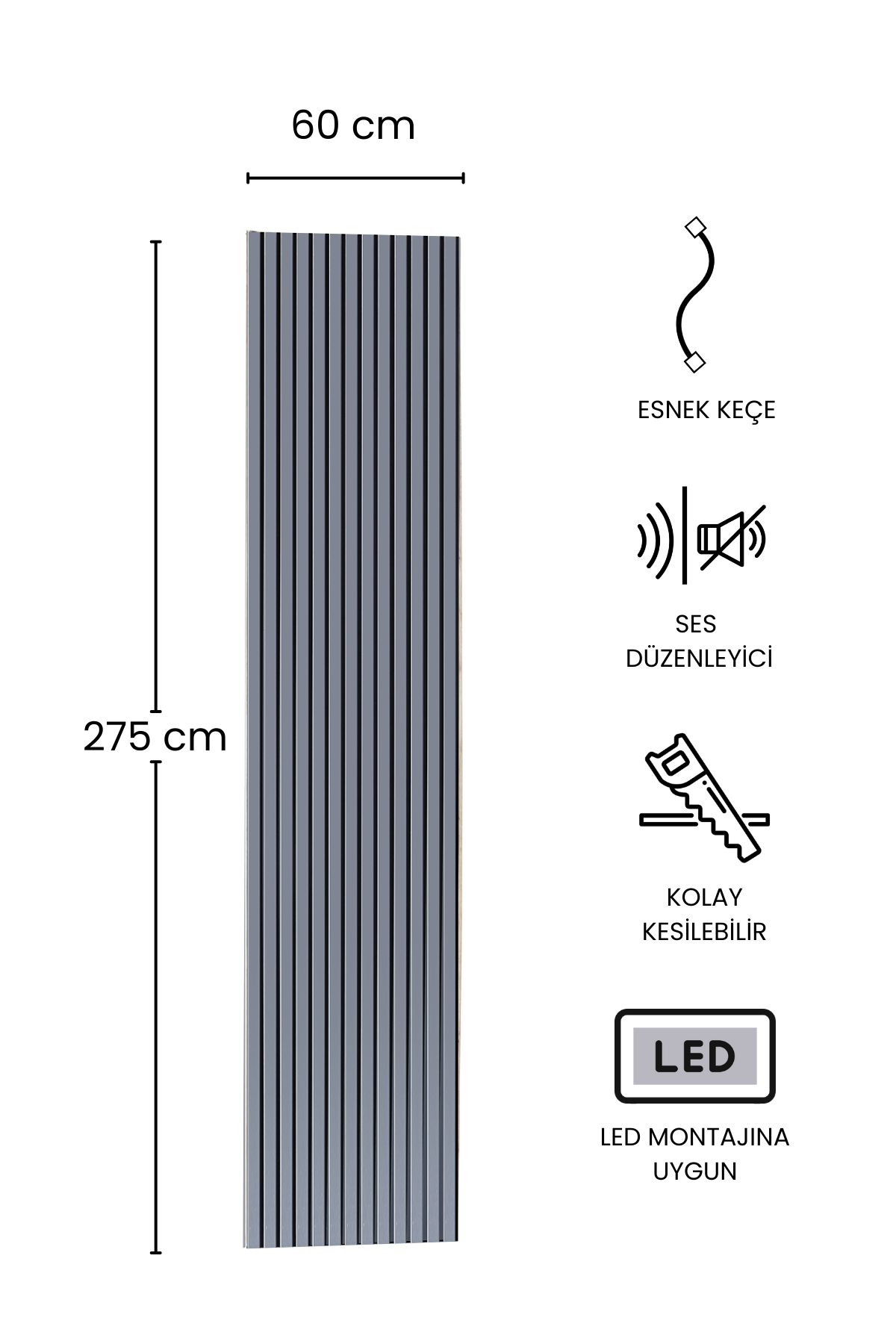 60x275 CM Premium Akustik Duvar Paneli AÇIK GRİ