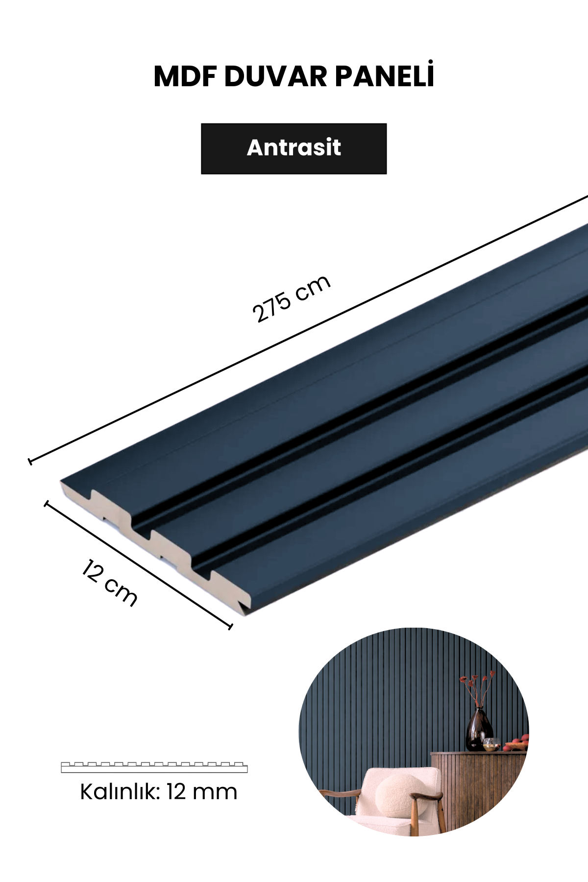 Dekoryap MDF Lambri Duvar Paneli ANRASİT Renk 12 × 275 cm