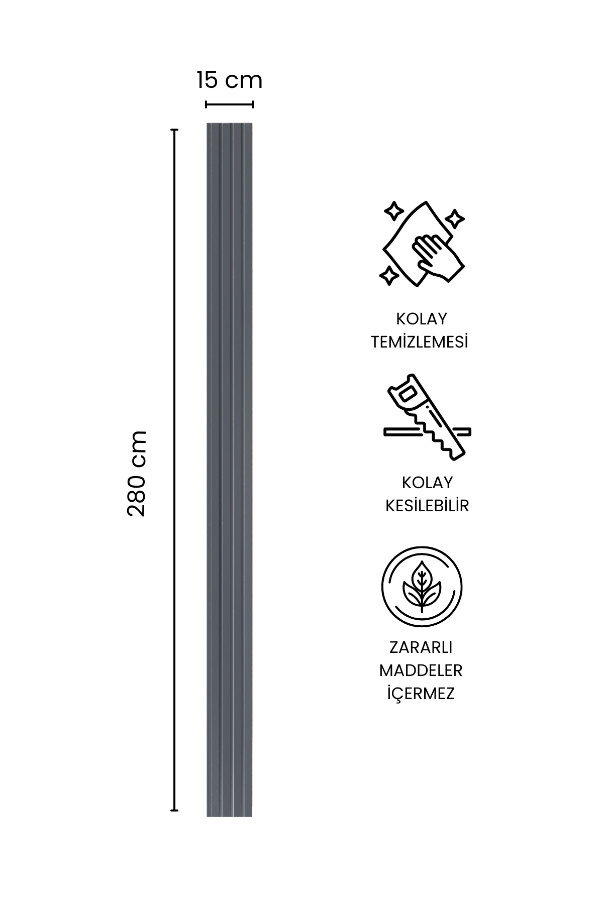 Dekoryap MDF Duvar Paneli Koyu Gri 15 × 280 cm