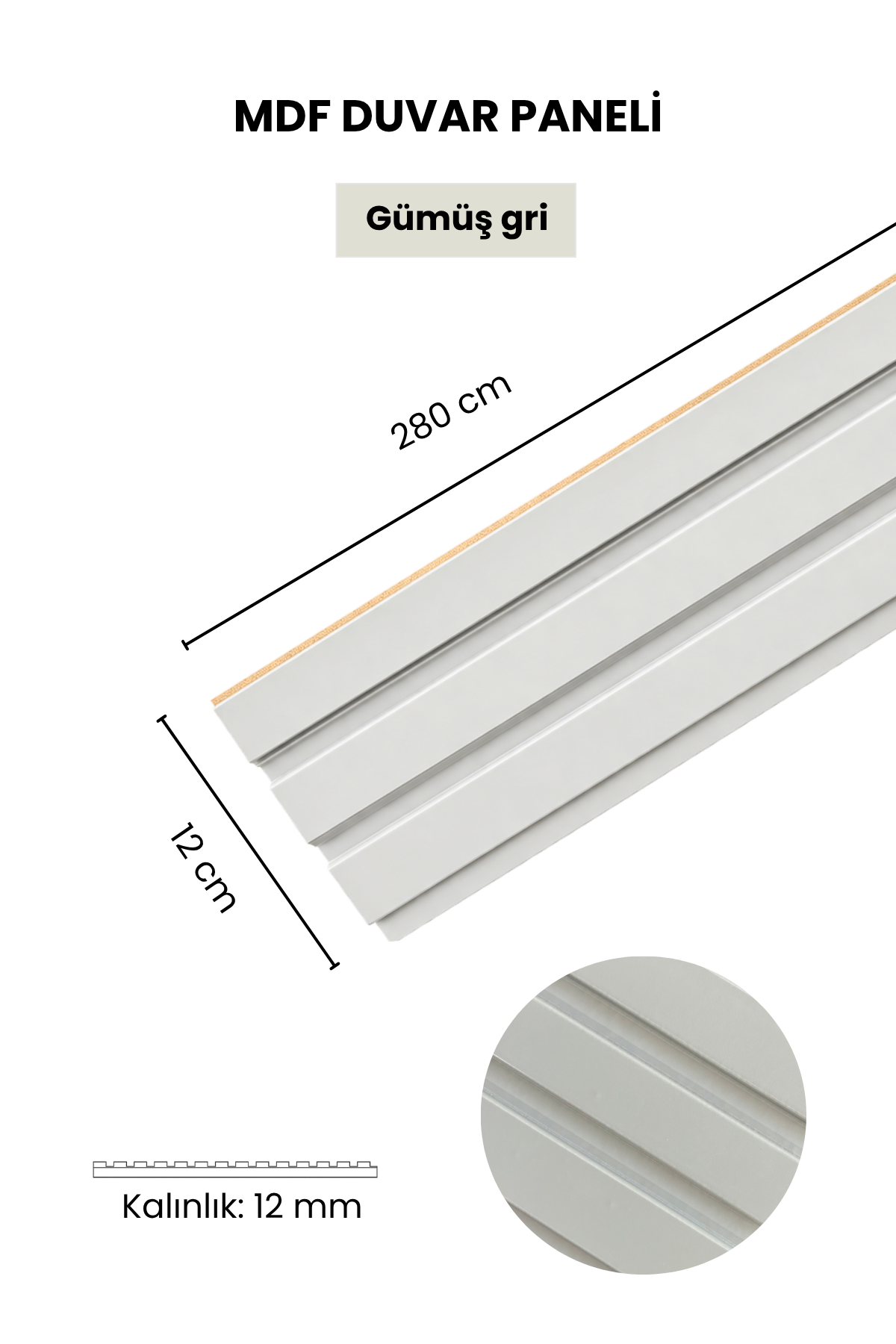 Agümüş gri MDF Panel Lambri 12 x 280 CM