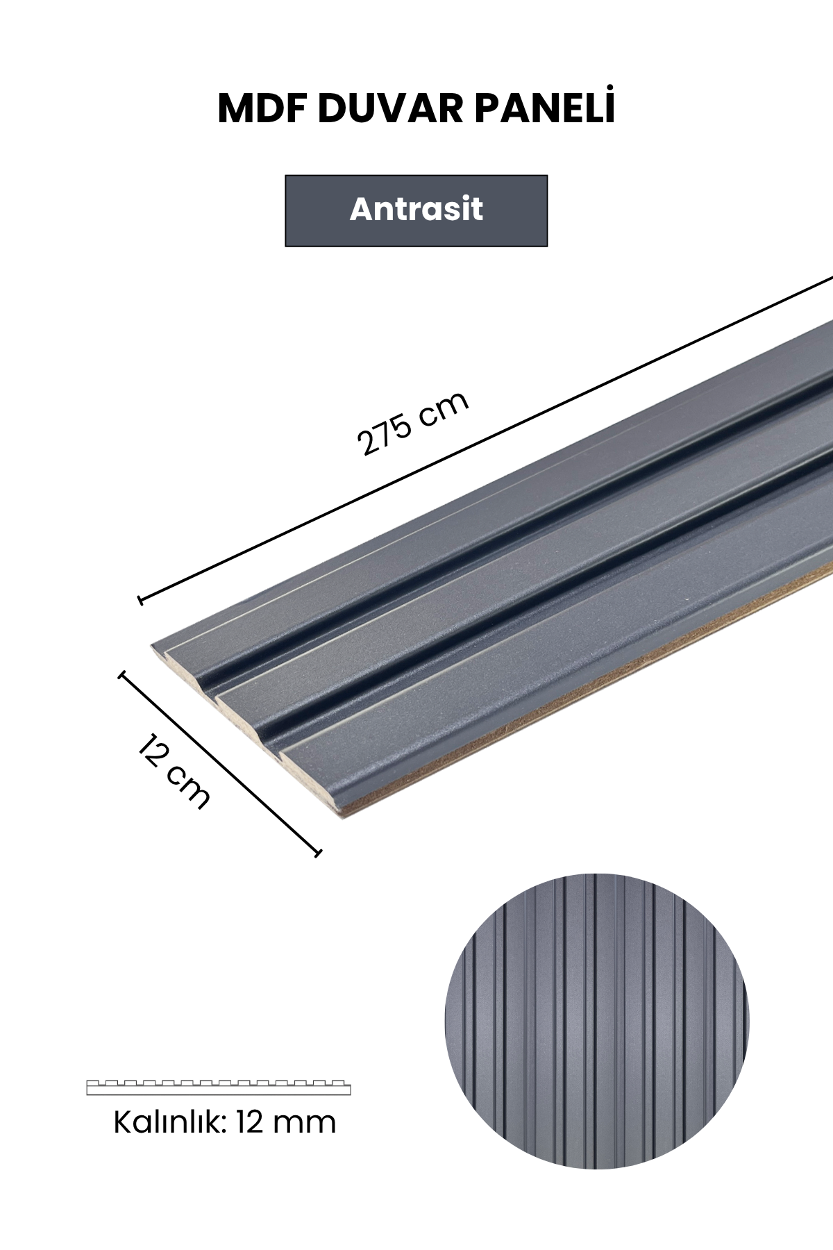 Dekoryap MDF Duvar Paneli ANTRASİT Renk 12 × 275 cm