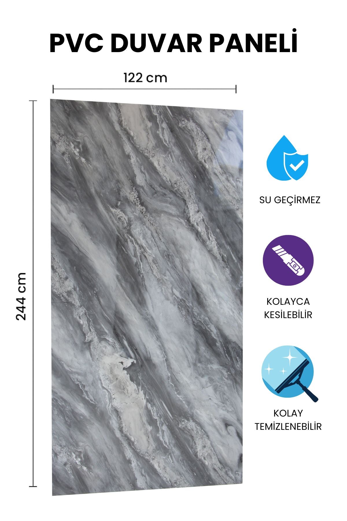 BLACK GRAY NARSO Mermer Desenli PVC Panel 122 x 244 CM - Dekoryap