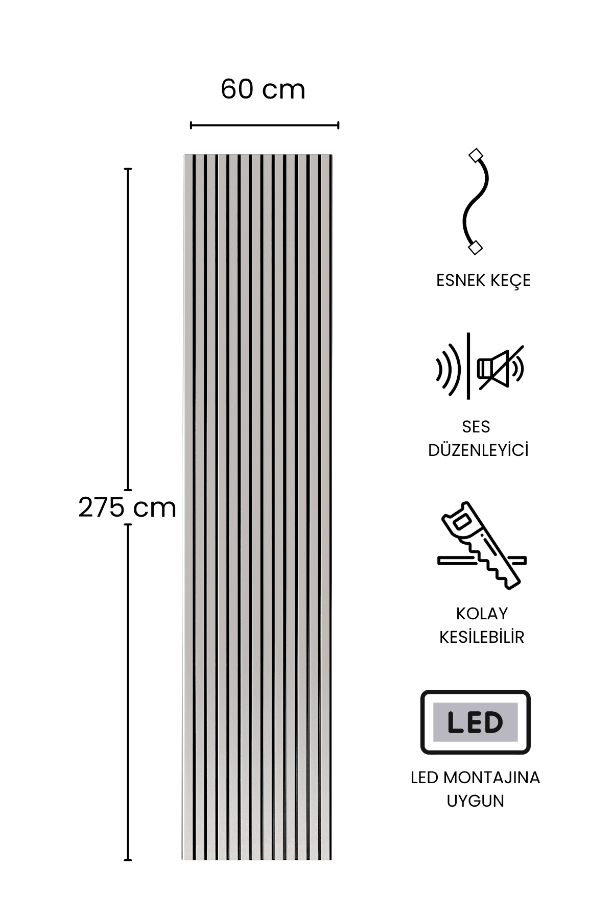 BUZ GRİ Premium Akustik Panel 60 x 275 CM