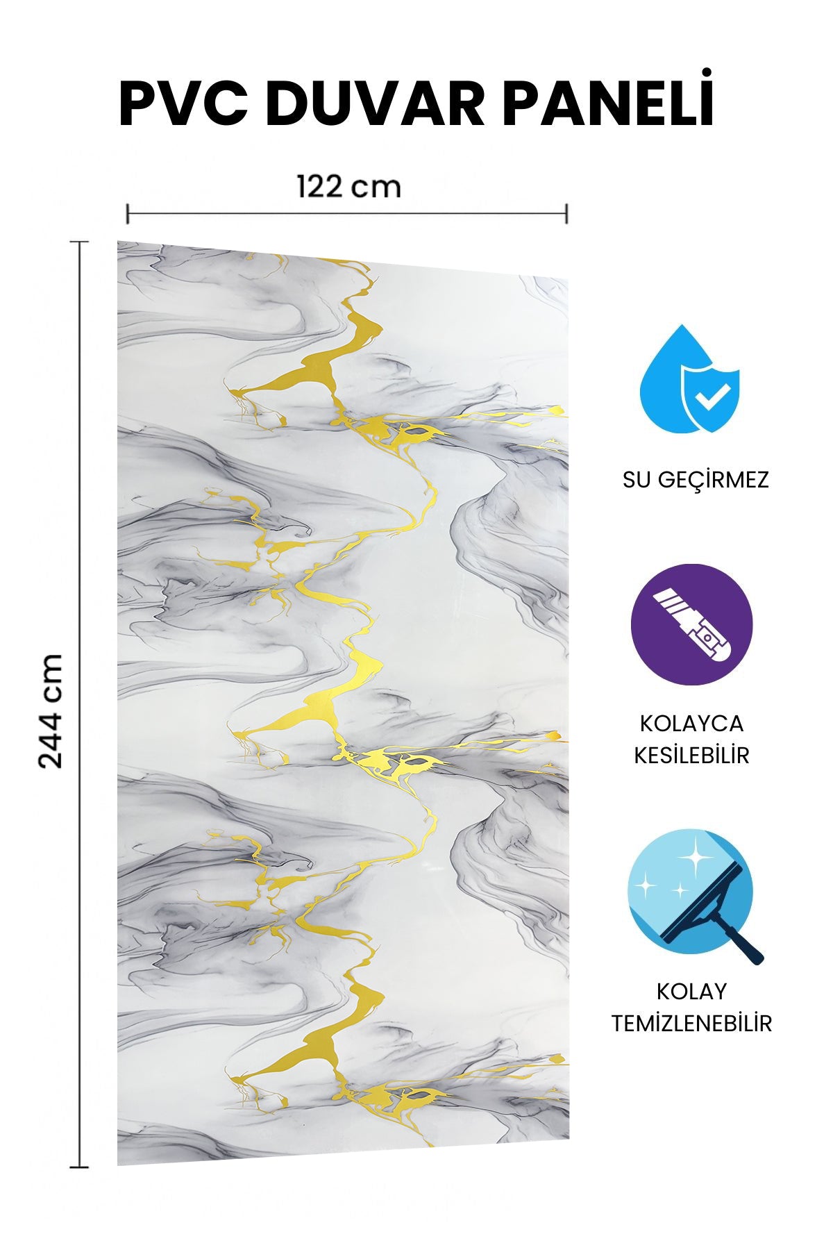 DEKORYAP BEYAZ GOLD MERMER DESENLİ PVC PANEL 122 x 244 CM