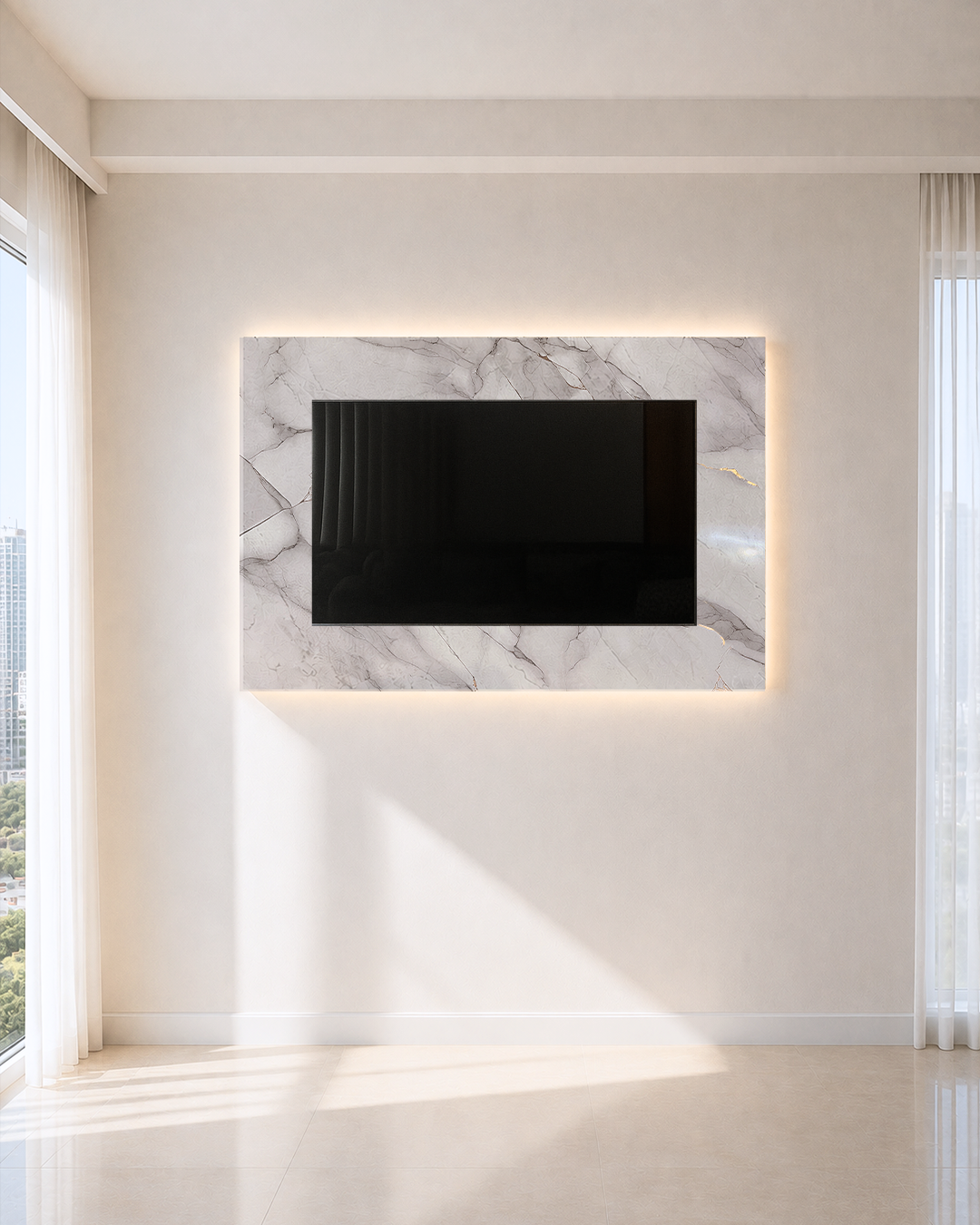 Dekoryap TV Ünitesi Seti | Mermer PVC Panel, TV Kasası ve RGB LED Paket