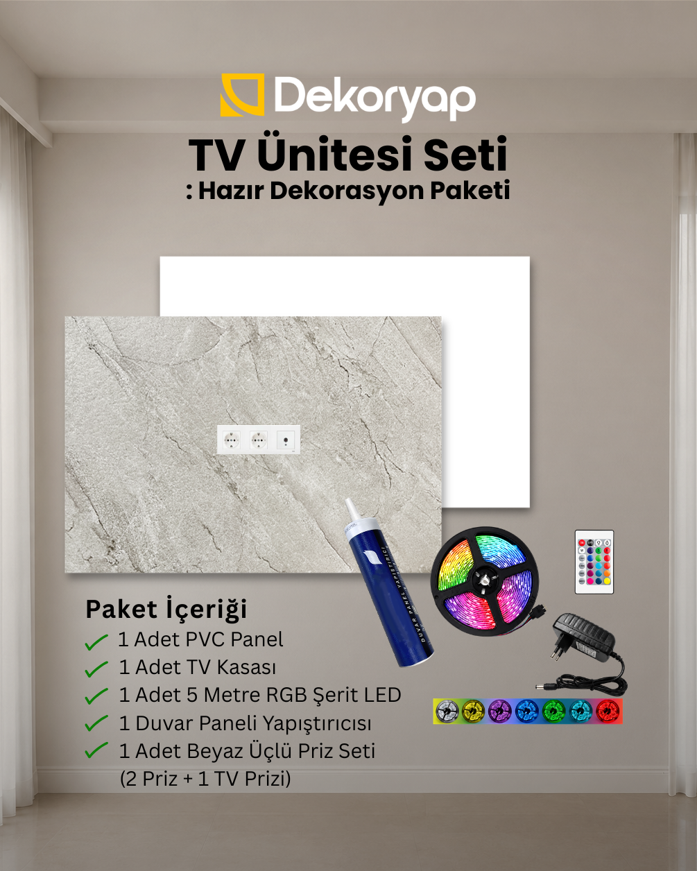 Dekoryap TV Ünitesi Seti PVC Panel, TV Kasası ve RGB LED Paket 
