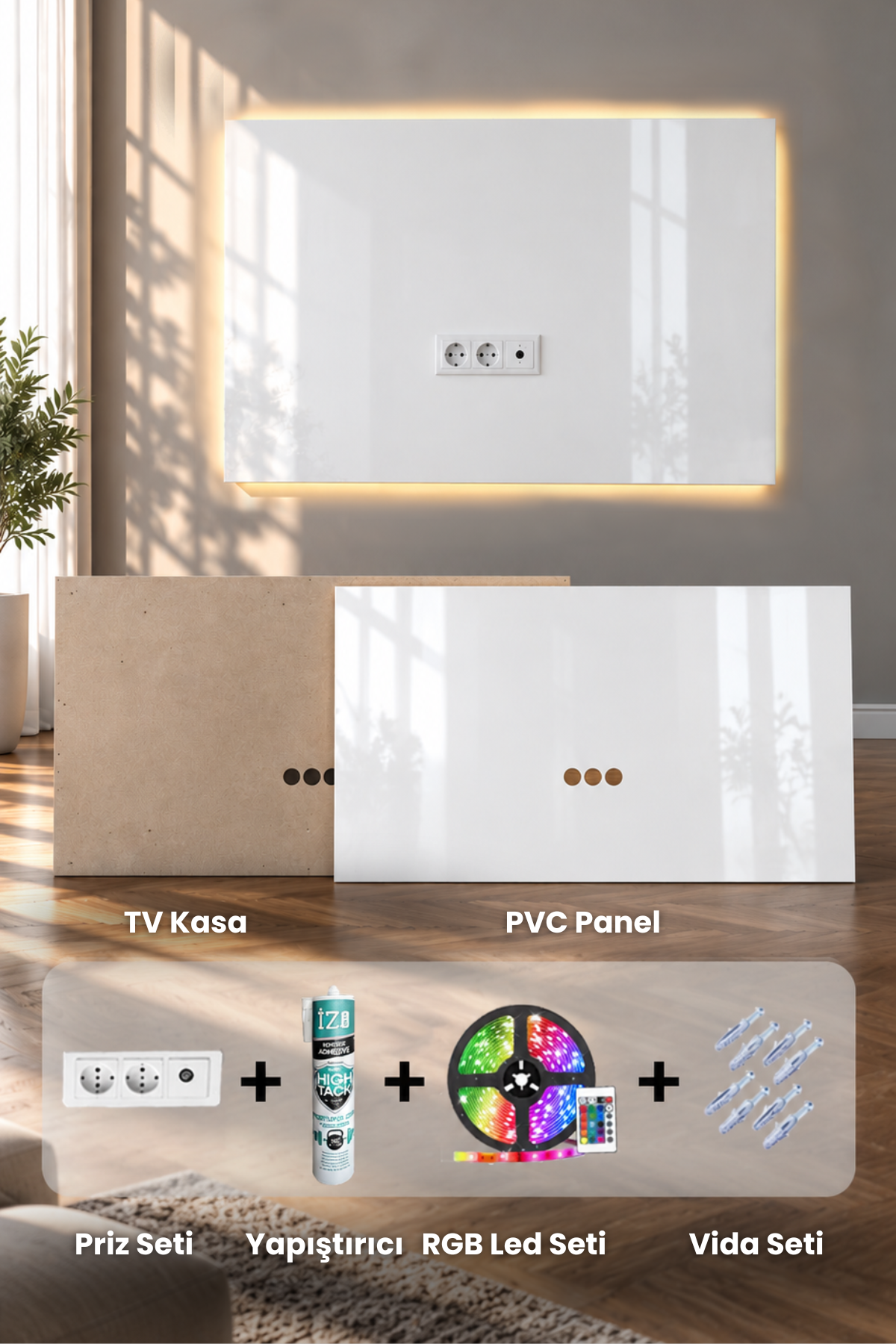 Dekoryap TV Ünitesi Seti | Düz Beyaz PVC Panel, TV Kasası ve RGB LED Paket