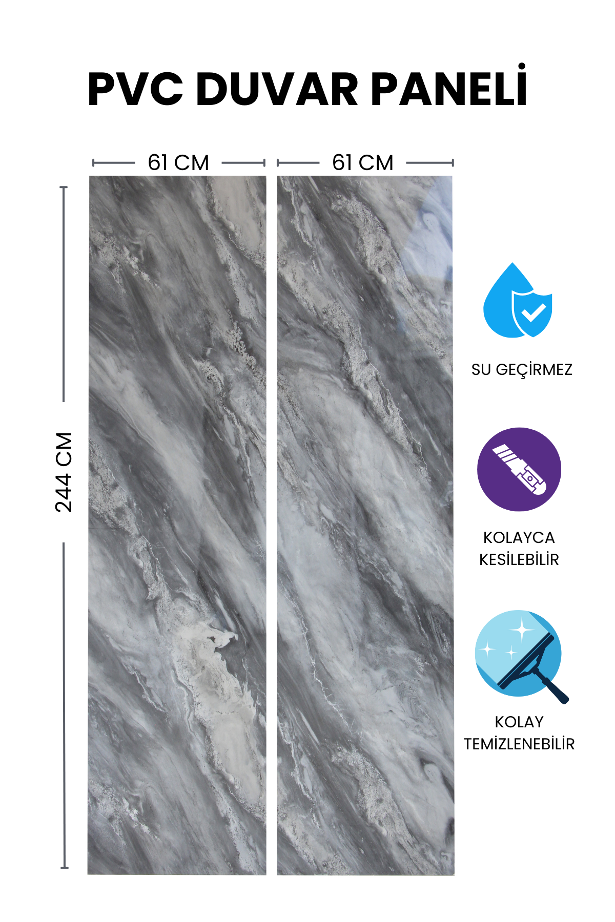 2'li Gri Mermer Desenli Mutfak Duvar Kaplama Pvc Panel 61X244 cm