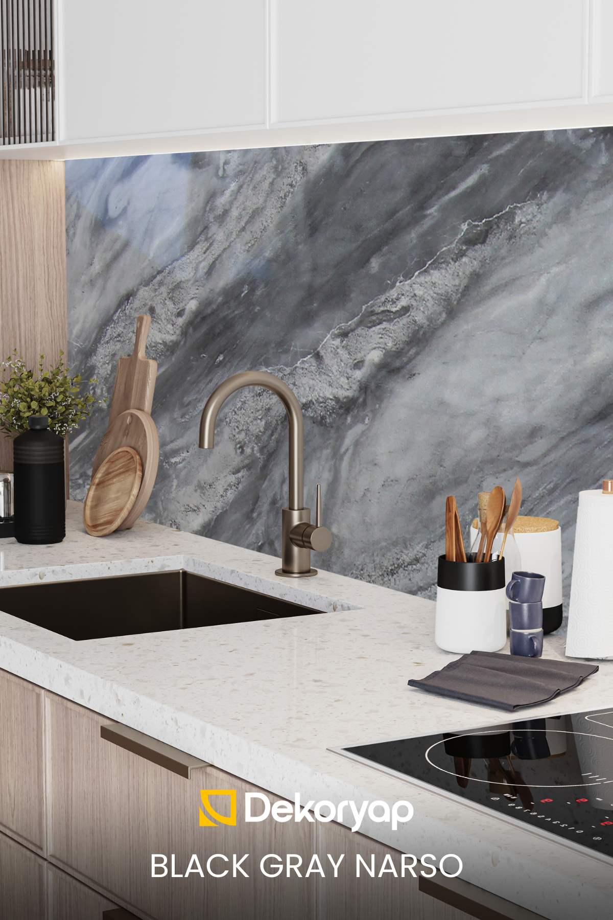 2'li Gri Mermer Desenli Mutfak Duvar Kaplama Pvc Panel 61X244 cm