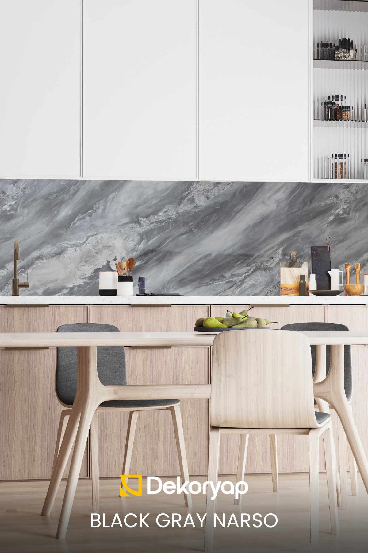 2'li Gri Mermer Desenli Mutfak Duvar Kaplama Pvc Panel 61X244 cm