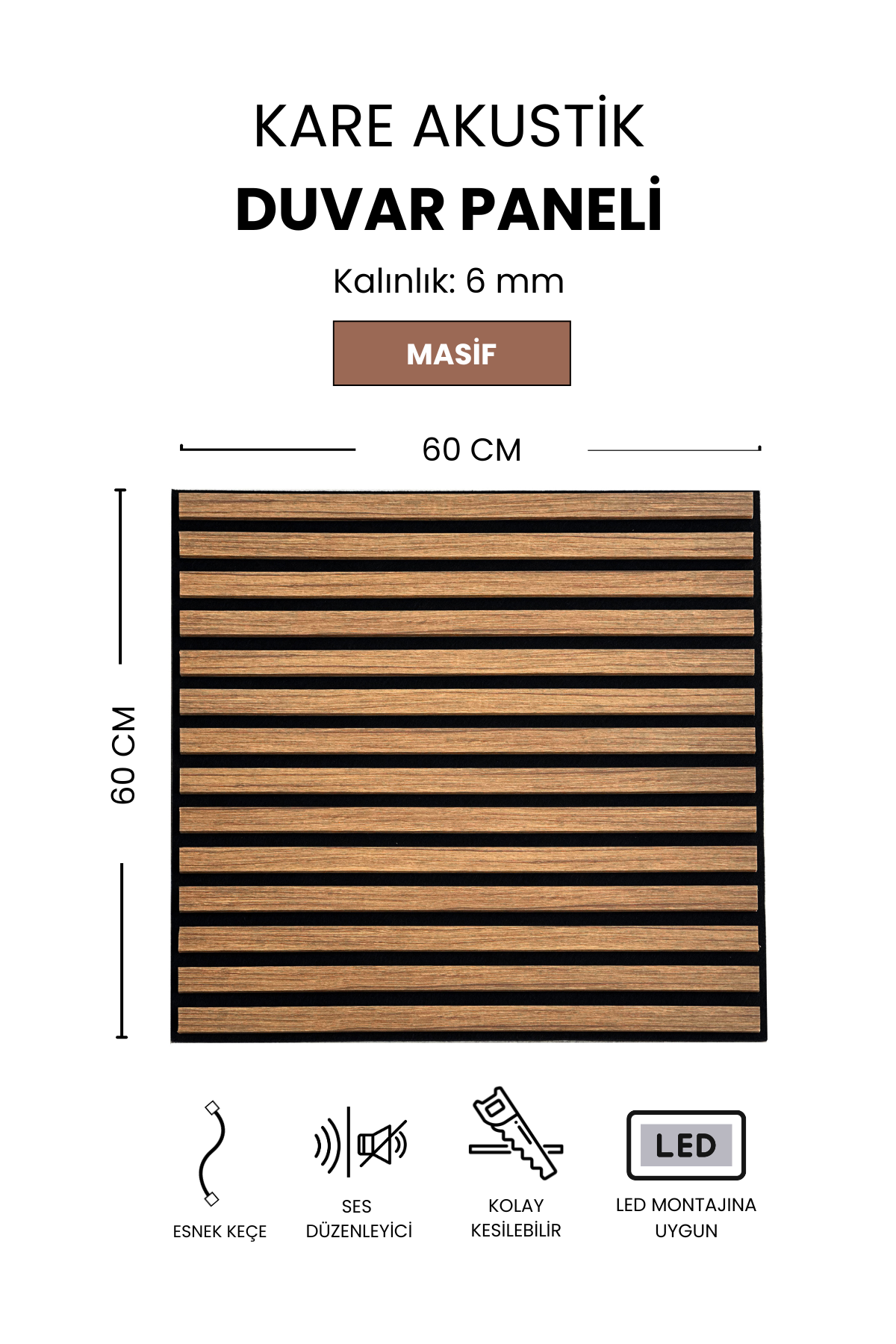 Kare Mdf Çıtalı Akustik Duvar Paneli 60 x 60 CM - Dekoryap