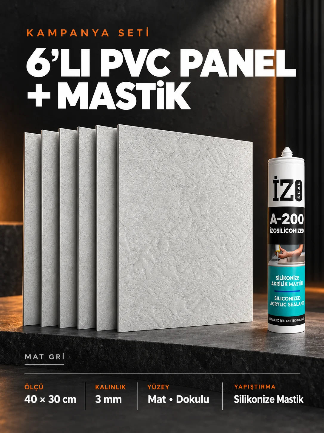Mat Açık Gri PVC Panel 40X30 CM