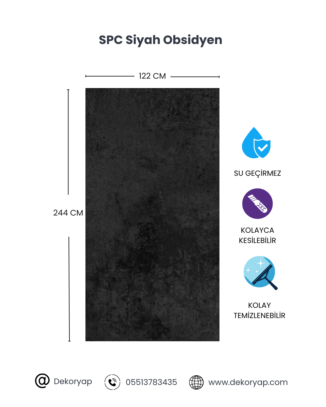DEKORYAP SİYAH OBSİDYEN TAŞ DESENLİ MAT PVC PANEL 122 x 244 CM