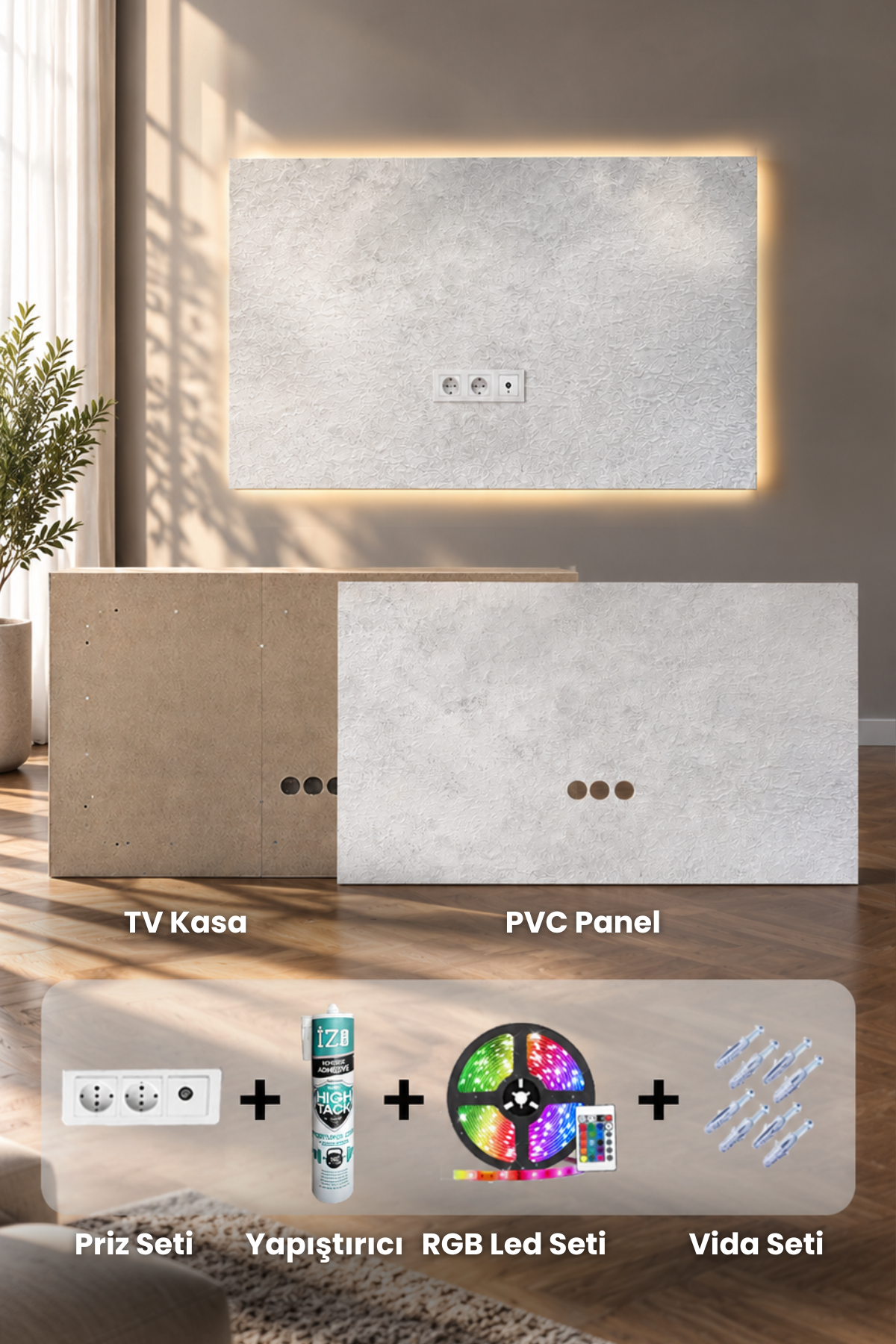 Dekoryap TV Ünitesi Seti | Lofte Beyaz PVC Panel, TV Kasası ve RGB LED Paket