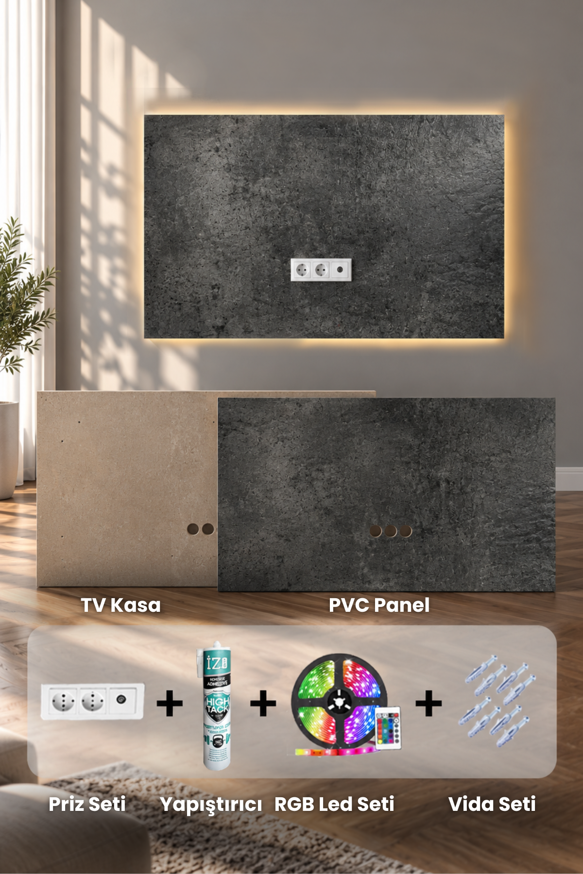Dekoryap TV Ünitesi Seti | Siyah Obsidyen PVC Panel, TV Kasası ve RGB LED Paket