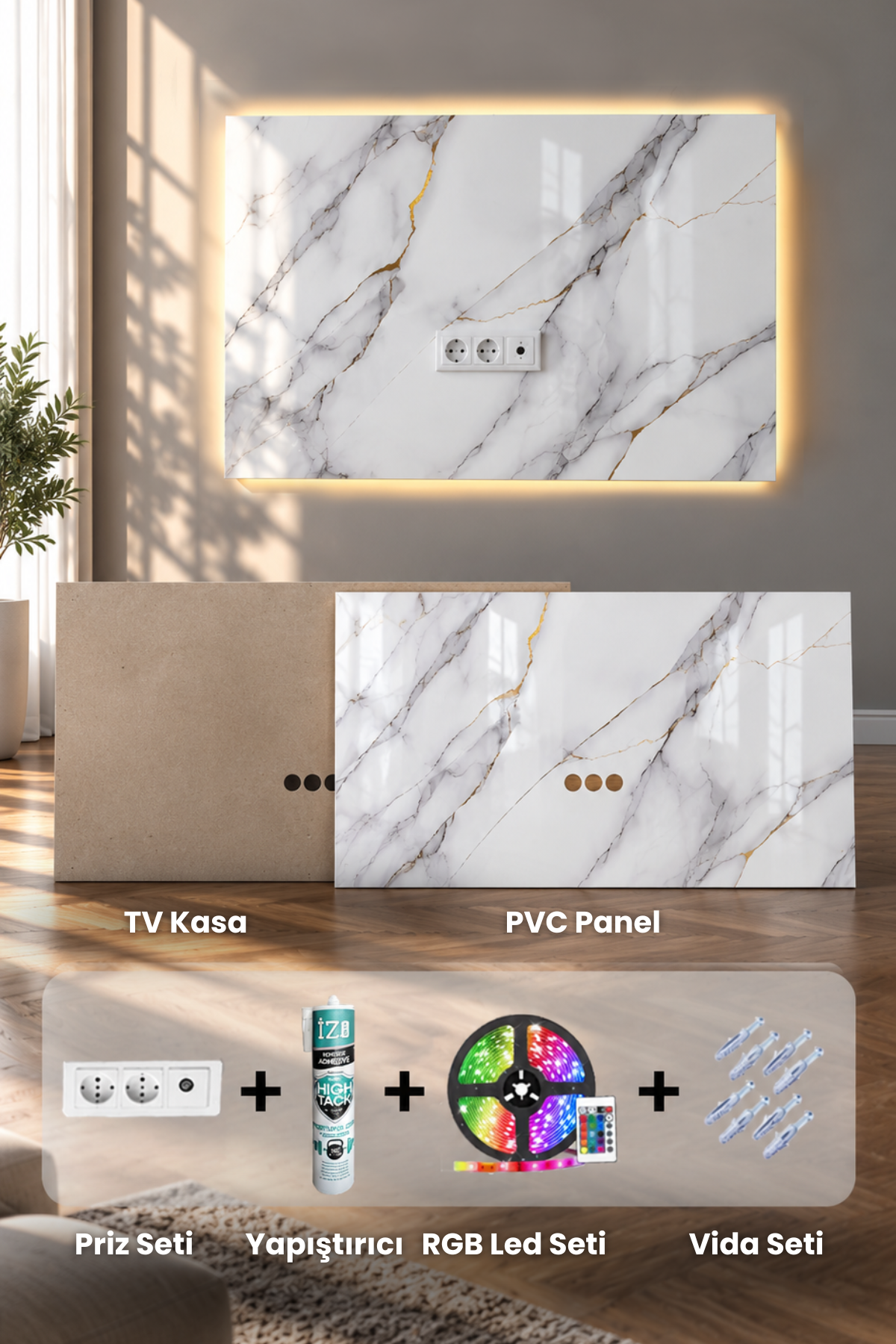 Dekoryap TV Ünitesi Seti | Mermer PVC Panel, TV Kasası ve RGB LED Paket