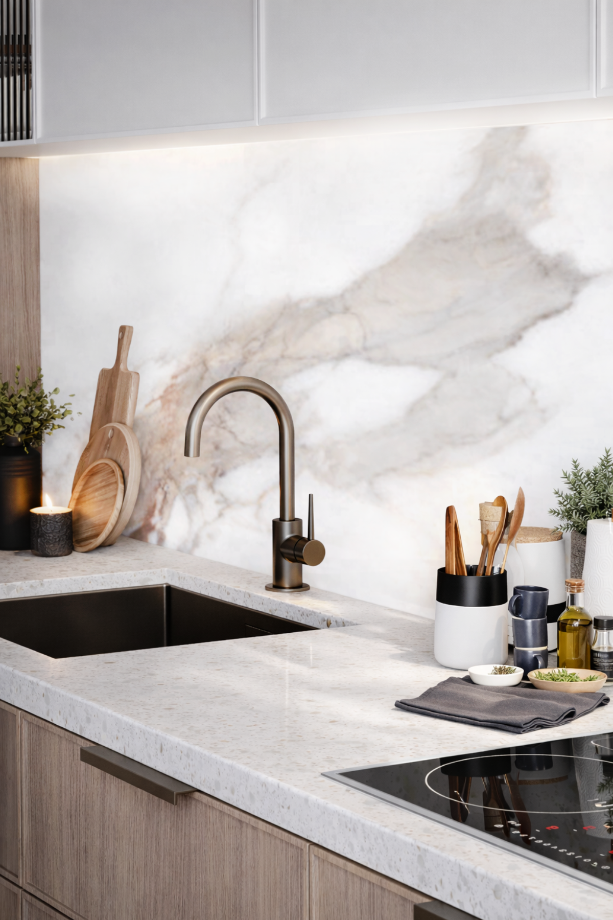 2'li Beyaz-Kahverengi-Gri Mutfak Duvar Kaplama Pvc Panel 61X244 cm Dekoryap