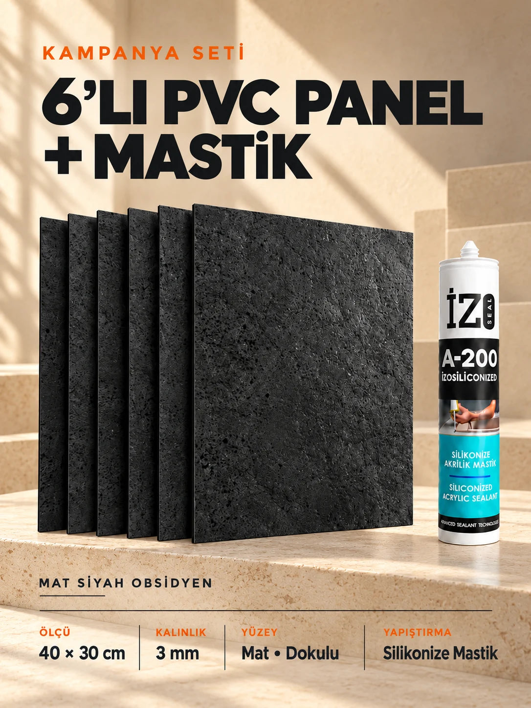 Obsidyen Mat Dokulu PVC Panel 40X30 CM