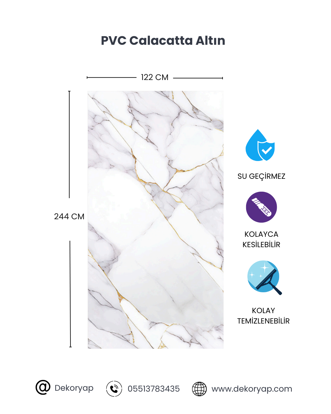 Calacata Altın Mermer Desenli PVC Panel 122 x 244 CM