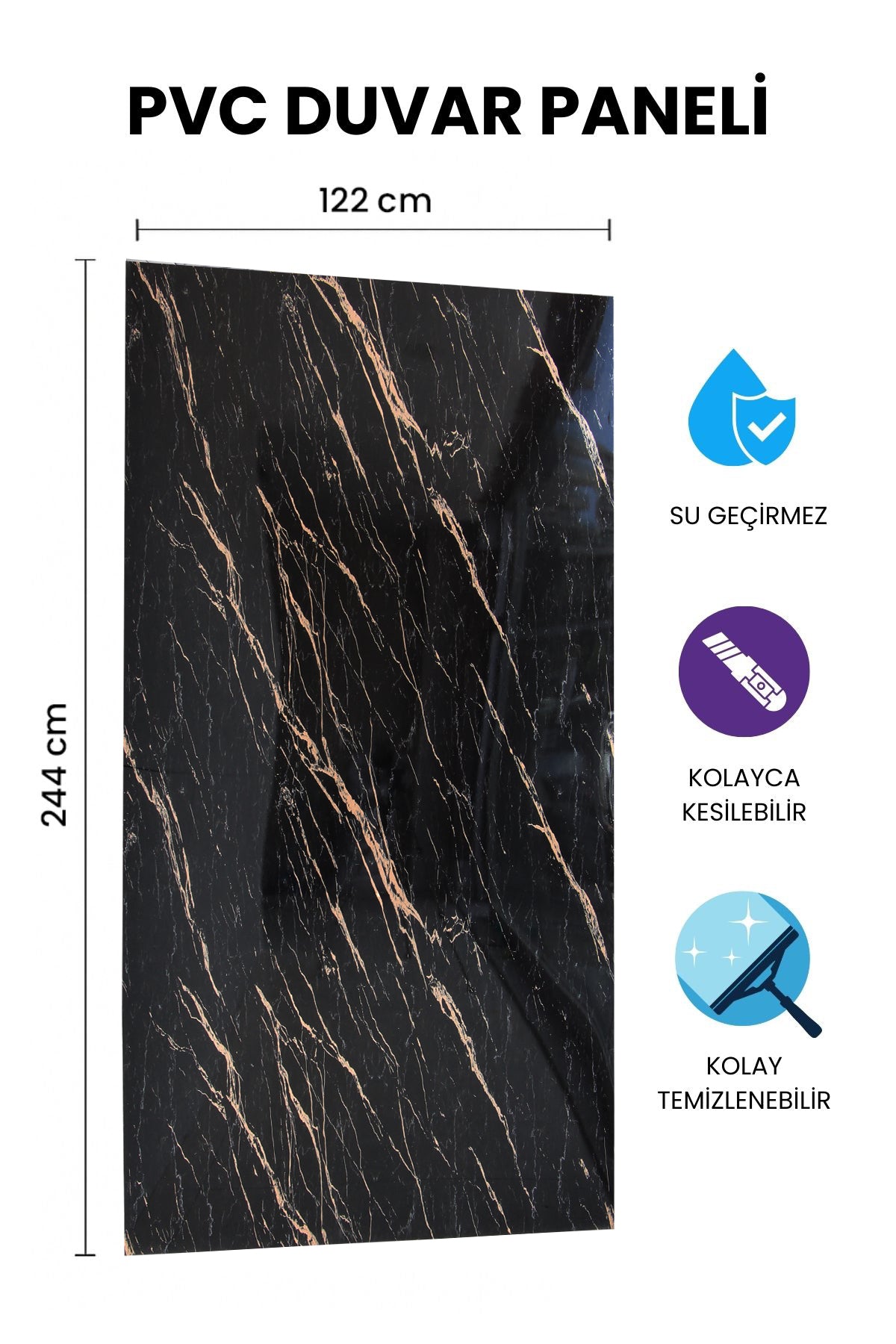 Siyah Altın Mermer Desenli PVC Panel 122 x 244 CM