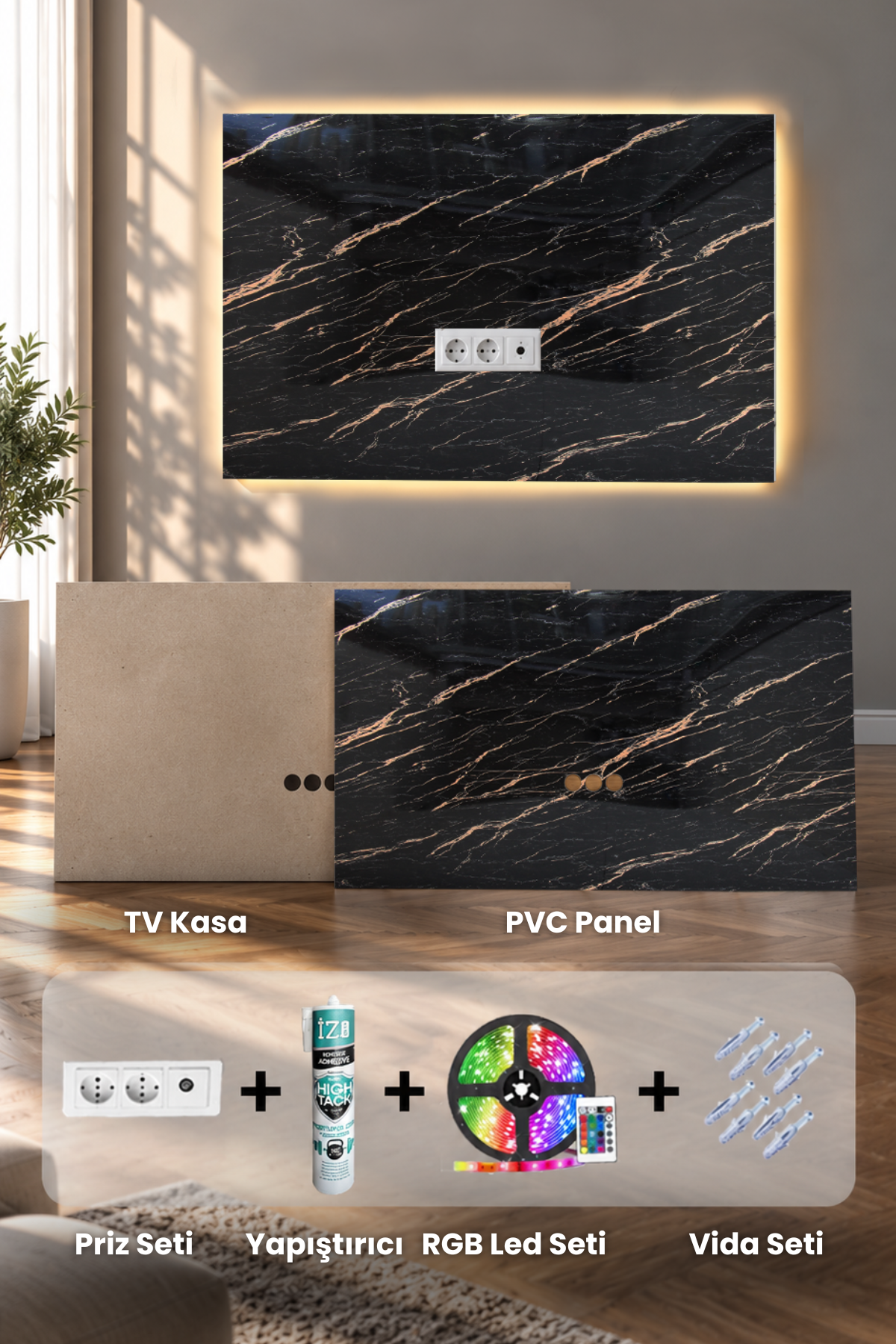 Siyah Mermer PVC TV Ünitesi Seti Paket