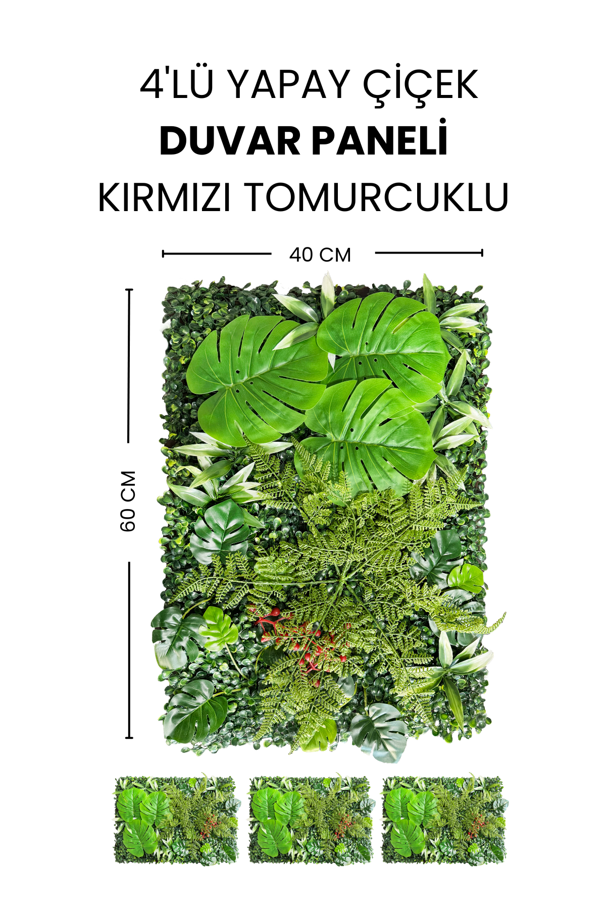 4'lü Yapay Çiçek Duvar Paneli Kırmızı Tomurcuklu 40X60 cm